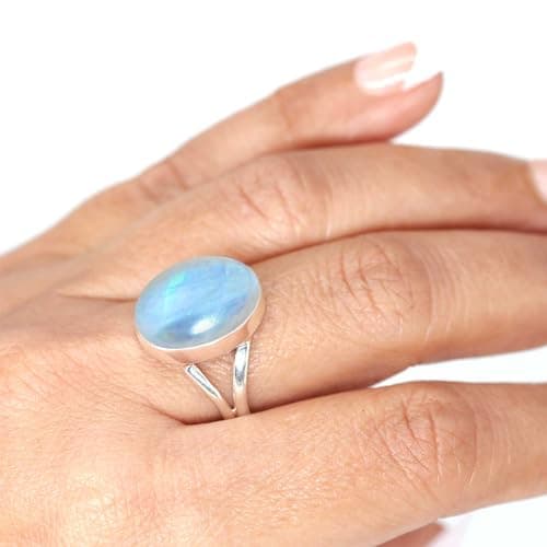 JEWELOPORIUM White Moonstone Silver Ring Size 8, 925 Sterling Silver Ring for Women, Genuine Chunky Oval Gemstone Boho Jewelry