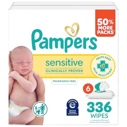 Pampers Baby Wipes Sensitive, Clinically Proven, Fragrance Free, Water Based, Hypoallergenic Baby Wipes, 4X Flip-Top Packs (Count of 336)