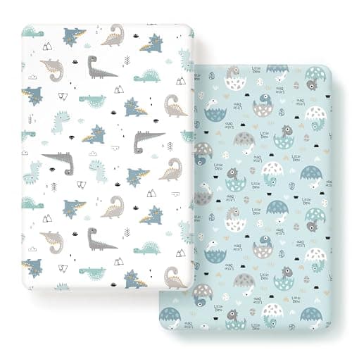 GRSSDER Stretchy Ultra Soft Jersey Knit Fitted Pack n Play Sheets Set 2 Pack, Portable/Mini Crib Sheets for Boys, Universal Fit for Pack N Plays Safe and Snug, Happy Dinosaurs for Baby