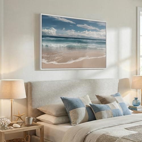 Framed Coastal Beach Wall Art for Room Decor, Blue Ocean Seascape Canvas Artwork for Walls, Nature Nautical Cozy Landscape Picture Print Beach House Wall Decor for Living Room Bedroom Hallway, 24x36