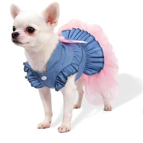 SIMCAPY Dog Dress, Fashion Puppy Tutu Princess Dresses for Small Dogs Girl, Sweet Skirt with Dog Bowknot Clips, Spring Dog Cat Clothes Pet Apparel (Denim Princess Dress, Small)