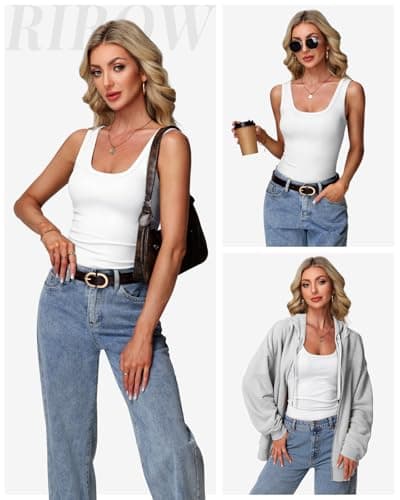 RIROW Tank Tops Women Womens White Sleeveless Summer Fitted Slim Fit Ribbed Square Neck Ladies Basic Tee 2026 New M