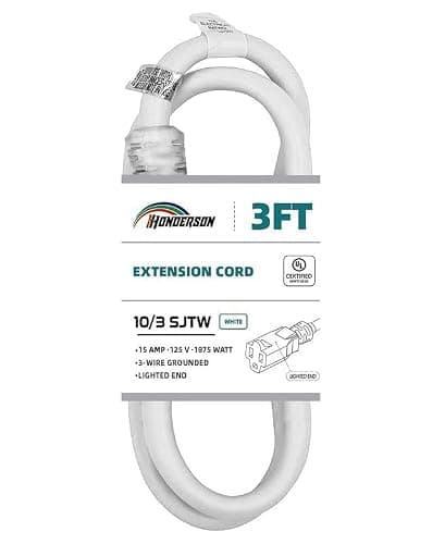 HONDERSON Indoor Outdoor Extension Cord Weatherproof with Lighted End, UL Listed, 10 Gauge 3FT White 3 Prong Heavy Duty Extension Cord, 10/3 SJTW 15A Power Extension Cord for Outdoor Lights, Lawn