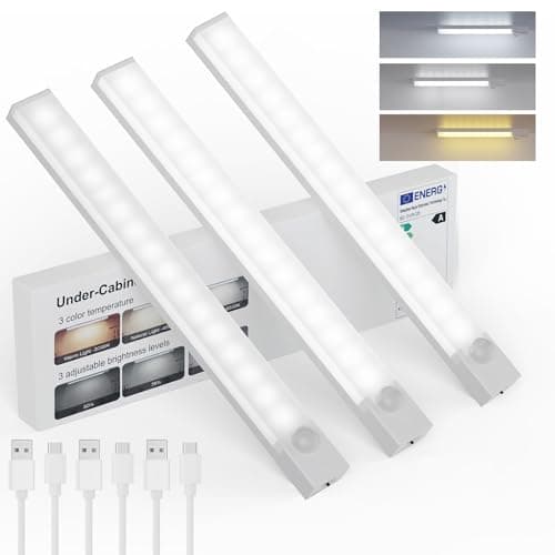 Rihvy Under Cabinet Lights 8 Inch 3-Pack, Rechargeable Battery Operated Motion Sensor Light Indoor, Dimmable Closet Lights, Wireless Under Counter Lights for Kitchen, Stairs