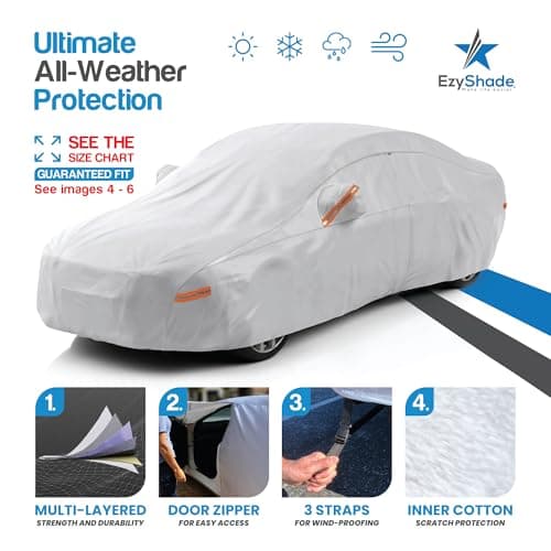 EzyShade 10-Layer Car Cover Waterproof All Weather - See Vehicle Size-Chart - Car Covers for Automobiles & Car Snow Cover - Full Exterior Covers - Winter Rain Sun SUV Sedan. Size A4 (See SizeChart)