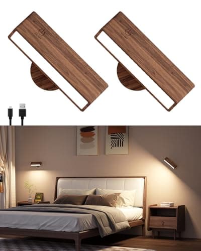 DetarZinLED Battery Operated Wall Sconces Set of 2,Rechargeable Wall Lights Wood,Stick On Wall Lights for Bedroom,Wall Mounted Bedside Reading Lamps Dimmable,Battery Powered Wall Lamp for Bedroom