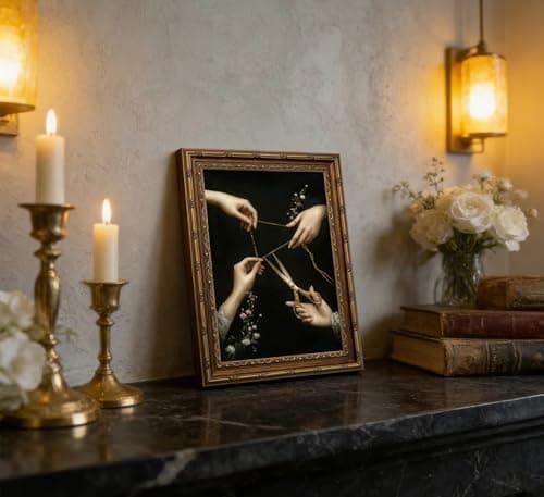 Vintage Gold Framed Thread of Life Wall Art, Victorian Moody Gothic Canvas Print, Dark Academia Wall Decor, Mystical Greek Mythology Painting Picture, Witchy Poster Artwork for Living Room Bedroom