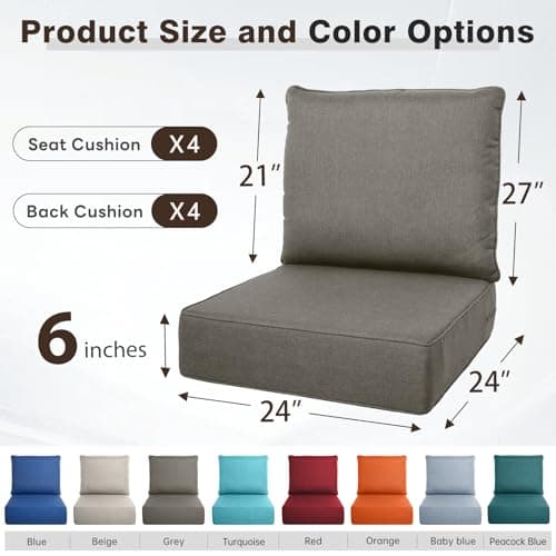 Belord Luxury 6" Thick Outdoor Cushion 4 Set - 24 x24 Inch 28D Sponge Filling Fade-Resistant Chair Cushion, Spill Proof Removable Patio Furniture Replacement Cushion for Sofa Bench - Grey