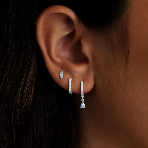 GoldGifts March Birthstone Aquamarine Earrings - Light Blue Jewelry Gift, Hypoallergenic Sterling Silver Small Huggie Hoop Set for Women, Dainty Trendy Stack Dangle Studs for Cartilage Helix