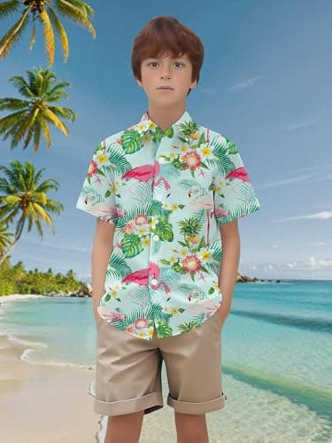 QAUN Hawaiian Shirt for Kids Boys Hawaiian Shirts Summer Button Down Shirt Cusual Tops 5-14 Years