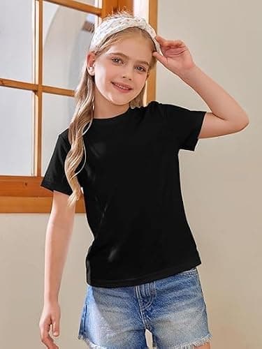 Haloumoning Girls Short Sleeve T Shirts Kids Summer Tops Crewneck Tees 5-14 Years, Black, 7-8 Years