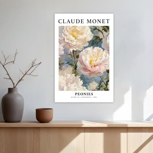 Vintage Peonies Wall Art Print Floral Canvas Poster White Pink Peony Flower Claude Monet Oil Painting Style Picture for Bedroom Wall Decor Elegant Art (Creamy Peonies,Framed,16x24inch(40x60cm))