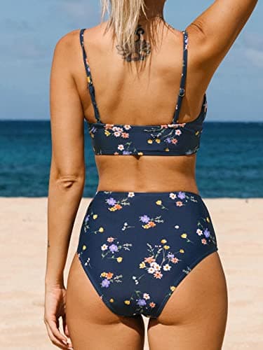 CUPSHE Women's Bikini Set Crossover Bustier High Waist Bikini Swimwear Elegant Two Piece Swimsuit, Navy/Flowers, Medium