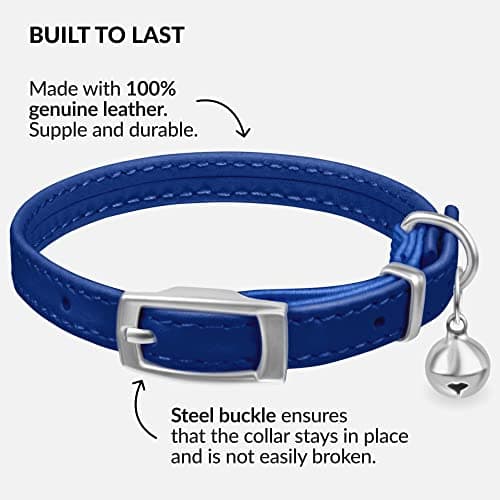 CollarDirect Leather Cat Collar with Bell - Kitten Collar, Small and Big Cat Collar for Boy Cats, Girl Cats with Safety Elastic Strap (Neck Fit 8"-11", Navy Blue)