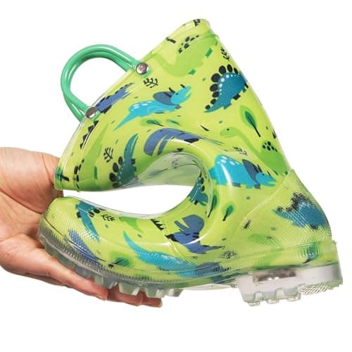 HugRain Toddler Boys Rain Boots Baby Kids Light Up Printed Waterproof Shoes Rubber Garden Puddle Boots Lightweight Adorable Cute Green Dinosaur Easy-On Handles and Insole (Size 10,Green)