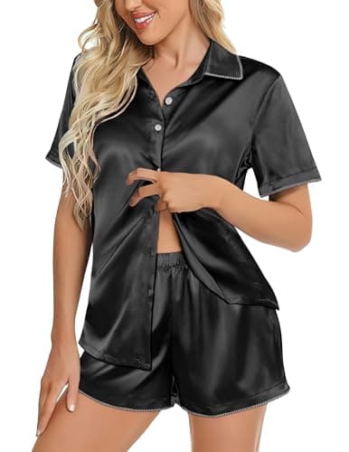 Ekouaer Silky Satin Pajamas Sets for Womens Short Sleeve Button Down Sleepwear 2 Piece Lounge Set Pjs Shorts Summer Outfits Black