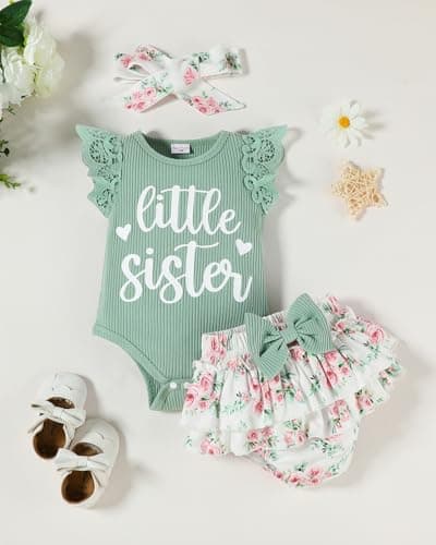 FAMIHAO Big Sister Little Sister Matching Outfits Baby Girl Romper Tops with Floral Shorts Summer Clothes Set,3-6M Green