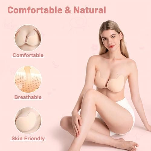 LAZYROSY Sticky Bra Push Up Backless Bras Strapless Stick on Bra Invisible Adhesive Bra with Nipple Covers for Women, Beige, A