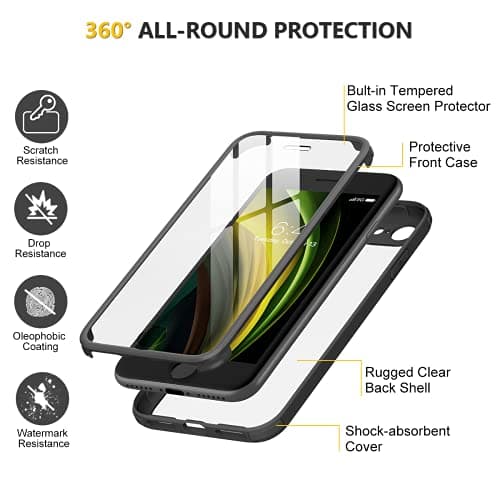 Miracase for iPhone SE Phone Case 3rd/2nd Generation 2022 2020 Full-Body with Built-in Glass Screen Protector, Heavy Duty 360° Protective Shockproof Bumper Cover for iPhone 8/SE 4.7 Inch, Black