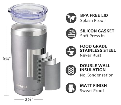SUNWILL Travel Coffee Tumbler 20 oz, Insulated Mug with Lid, Stainless Steel Cup for Hot and Cold Drinks, Cool Grey