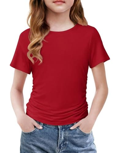 Arshiner Short Sleeve Shirts Girls Red Side Ruched Tops for Teen Girls Round Neck Kids Casual Soft Blouses 11-12 Years