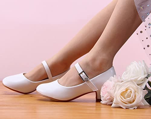 EIGHT KM Girls High Heel Dress Shoes Mary Jane Wedding Party Pumps Princess Shoes EKM7015 Athena Microfiber White Leather Size 2 US Little Kid