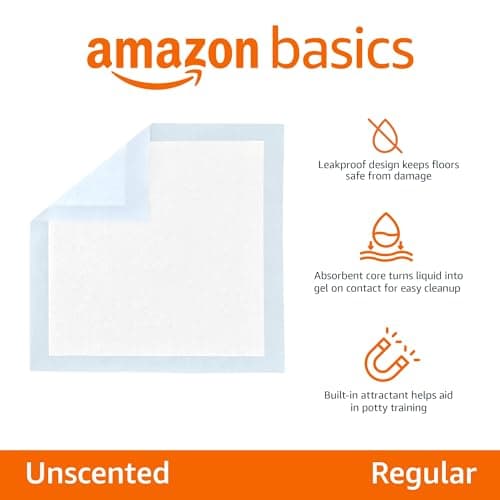Amazon Basics Disposable Dog Training Pads with 5-Layer Leak-Proof Design, Quick-Dry Surface, Regular, 22 x 22 Inches, 30-Pack