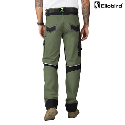 Ellobird Men's Construction Work Utility Pants Relaxed Fit Stretch Flex Cordura Double Knee Reinforcement Carpenter Cargo,(Olive,36W x 30L)