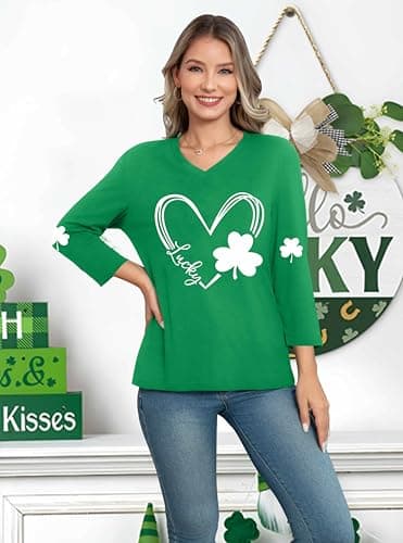 MEESHEEP St Patricks Day Shirt Women 3/4 Sleeve V Neck Irish Lucky Shamrock Tshirt