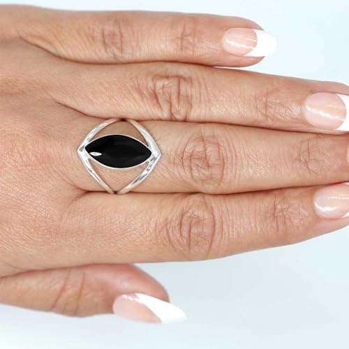 JEWELOPORIUM Black Onyx Silver Ring Size 8, 925 Sterling Silver Ring for Women, Natural Marquise Stone Handmade Jewelry
