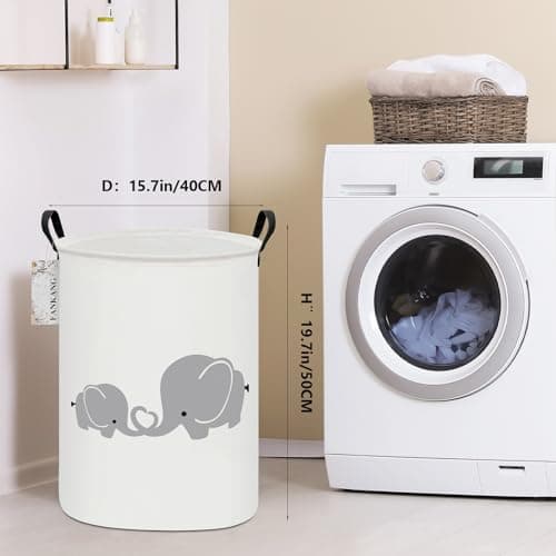 FANKANG Storage Basket, Nursery Hamper Canvas Laundry Basket Foldable with Waterproof PE Coating Large Storage Baskets for Kids Boys and Girls, Office, Bedroom, Clothes,Toys(Love Elephant)