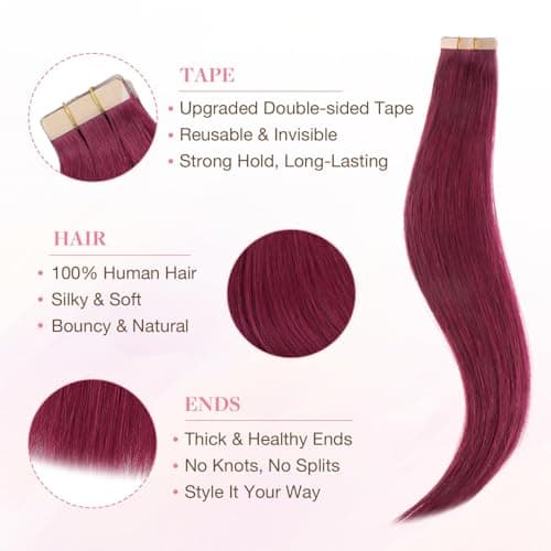 GOO GOO Tape in Hair Extensions Human Hair, Burgundy Red 10pcs 25g 16inch, Colored Tape ins Human Hair Extensions, Straight Remy Hair Highlighted for Party, Silky&Soft Invisible Tape Ins