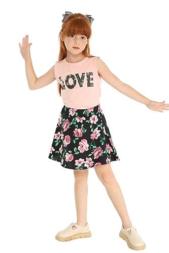 Mud Kingdom Top and Skirt Set for Little Girls Pink Love Letter Print Sleeveless Tank Top Floral Skirt 2 Piece Outfit Size 7-8