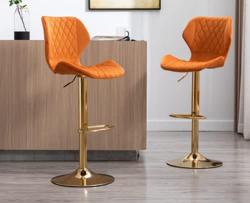 EALSON Velvet Bar Stools Set of 2 Counter Height Barstools with Back Swivel Bar Chairs with Gold Base Modern Adjustable Kitchen Island Stools for Home Bar/Dining Room, Orange