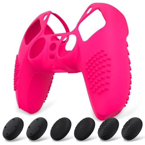 eXtremeRate PlayVital 3D Studded Edition Anti-Slip Silicone Cover Skin for ps5 Controller, Soft Rubber Case Protector for ps5 Wireless Controller with 6 Black Thumb Grip Caps - Bright Pink