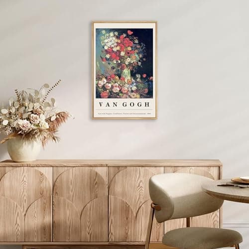 Framed Canvas Print Wall Art Van Gogh Vase with Poppies Cornflowers Peonies & Chrysanthemums Painting Reproduction Ready To Hang Living Room Bedroom Kitchen Office Home Decor 16"x 24" Natural Framed