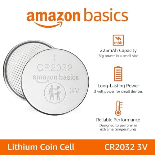 Amazon Basics CR2032 3V Lithium Coin Cell Batteries, Child-Proof Package, Non-Coated, AirTag Compatible, 4-Pack