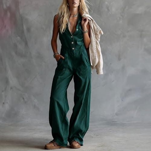 Women's Casual Jumpsuit Dressy V Neck Sleeveless Button Down Retro Wide-Leg Pant Vintage Western Romper Green