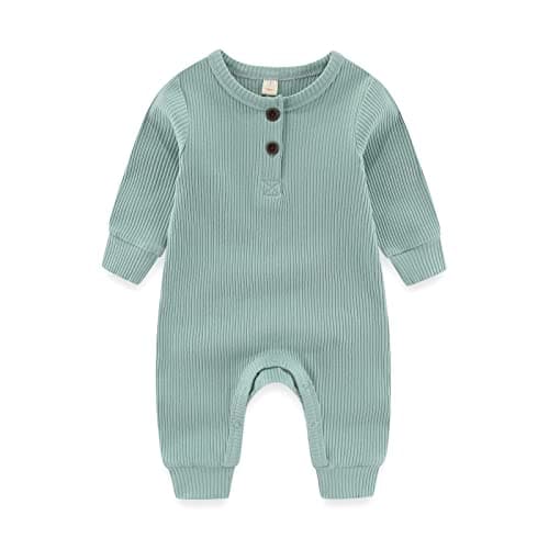 Newborn Baby Boys Girls One Piece Romper With Mitten Cuffs 3 Pack Long Sleeve Ribbed Button Jumpsuit Outfit Clothes green+blue+gray 3 months