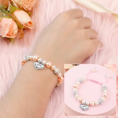 Sereney 5 Year Old Girl Birthday Gift Ideas, Adjustable Pink White Pearl Bracelet as Five Year 5yr Old 5th Birthday Gifts for Teen Girls Daughter Niece Granddaughter