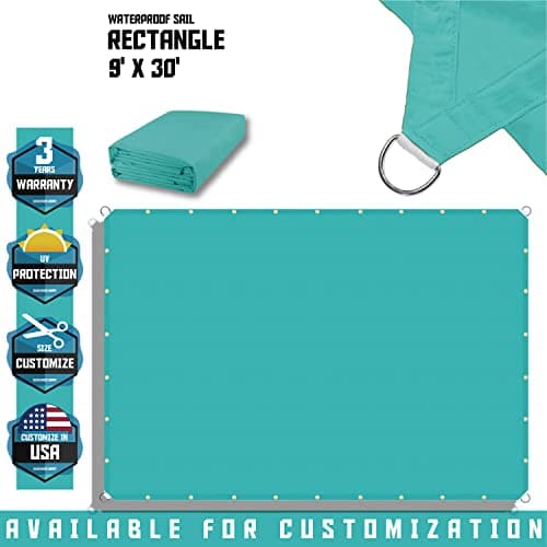 TANG 9' x 30' Waterproof Shade Cloth with Grommets, Sun Shade Sail Rectangle Straight Side, 260 GSM UV Block Fabric Patio Canopy for Deck Carport Backyard Pergola Cover, Turquoise