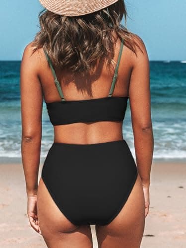 CUPSHE Women's Bikini Sets Two Piece Swimsuit High Waisted V Neck Twist Front Adjustable Spaghetti Straps Bathing Suit, Black/Green, Large