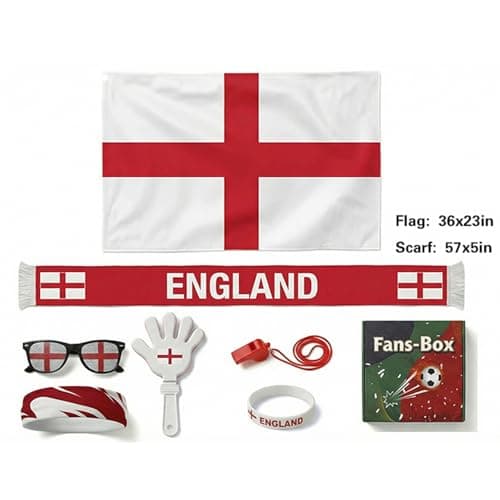 Louxiar 7 Pcs Cheering Kit for Football Matches, 2026 England Soccer Fan Game Day Accessory Set, Includes Flag, Glasses, Whistle, Clapper, Wristband, Scarf & Headband