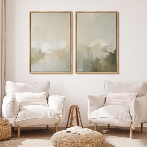 MUDECOR Framed Canvas Print Wall Art Set Neutral Misty Abstract Landscape Beige and Oliv Illustrations Modern Art Decorative Bohemian Calm/Zen for Living Room, Bedroom, Office - 24"x36"x2 Natural