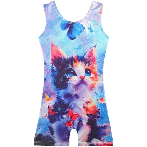 BAOHULU Gymnastics Leotards for Girls Kids Sparkle Tank Biketards with Shorts Dance Outfit, Blue Cat, 8-9 Years
