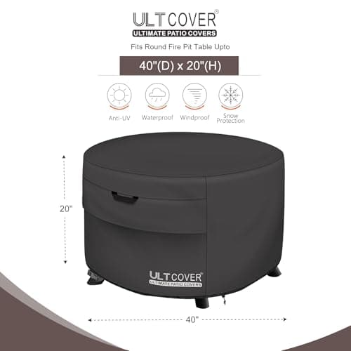 ULTCOVER Patio Fire Pit Table Cover Round 40 inch Outdoor Waterproof Fire Bowl Cover, Black