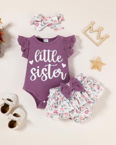 FAMIHAO Big Sister Little Sister Matching Outfits Baby Girl Romper Tops with Floral Shorts Summer Clothes Set,3-6M Purple