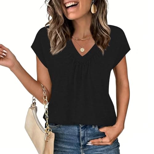 WELINCO Women's Summer Casual Tank Tops Flowy Pleated V Neck Cap Sleeve Tops Black X-Large