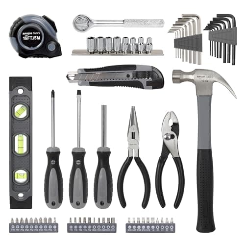 Amazon Basics 65 Piece Home Repair Tool Kit Set With Carrying Bag, Hand Tools, Socket Set, SAE and Metric, Silver, Black