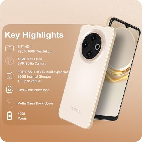 Zolykool A3 4G Unlocked Android Phones 6.6” HD+ Display Android 12 Smart Phone Octa-Core 6(3+3)+16GB/256 TF Dual SIM Unlocked Cell Phone 13MP Smartphones Unlocked Face ID Cheap (Gold)